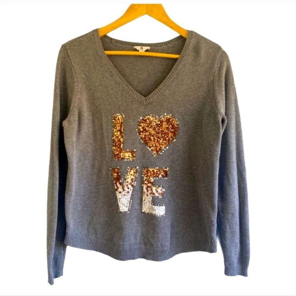 Guess Gray V Neck Sweater LOVE in Copper Silver Metallic Sequins Size L